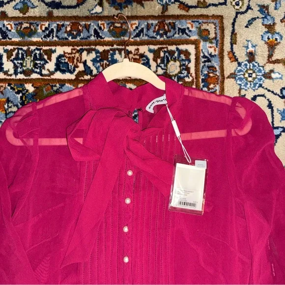 NWT Self-Portrait Hot Pink Tie-Neck Pleated Chiffon Midi Dress w/ Pearls Sz 8